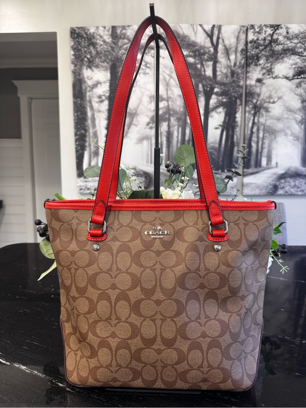Coach City Zip Tote Signature Canvas Khaki Orange Shoulder Bag